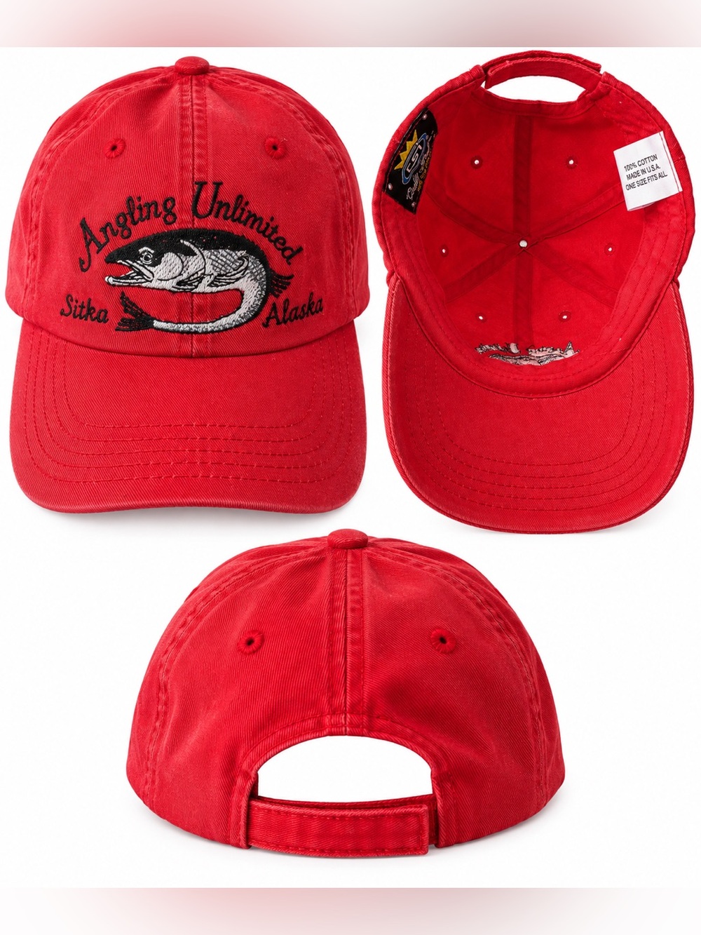 Vintage Angling Unlimited Sitka Alaska Dad Hat Red Salmon Fishing Made in USA